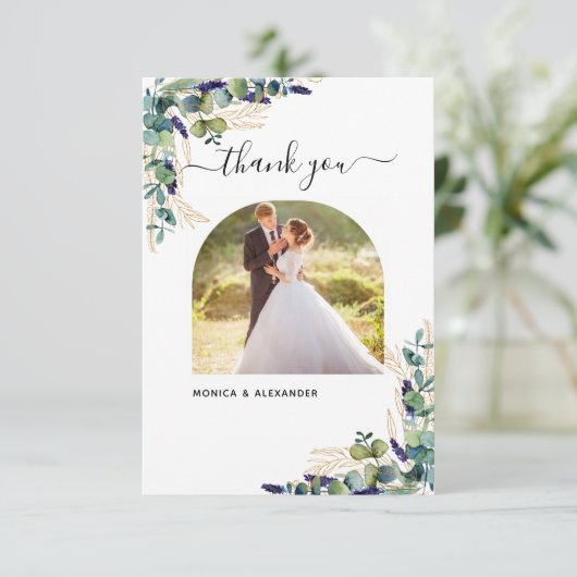Eucalyptus greenery moderne fotobruiloft bedankkaart (Staand voorkant)