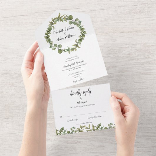 Eucalyptus Greenery Monogram Weddenschap All In One Uitnodiging (Afscheurbaar)