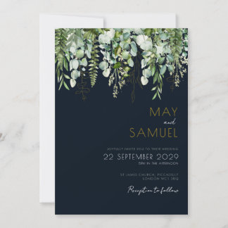 Eucalyptus Greenery & Navy Wedding Invitation Kaart
