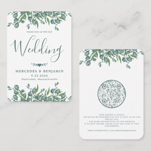 Eucalyptus Greenery QR Code Faire-part de mariage (Devant / Derrière)