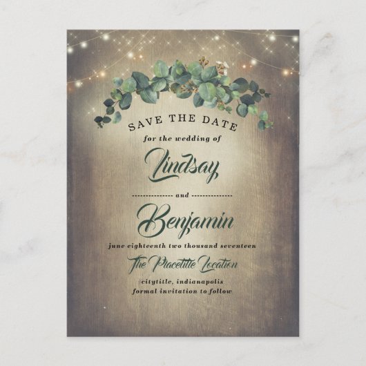 Eucalyptus Greenery Rustic Bewaar de datum Aankondigingskaart (Voorkant)