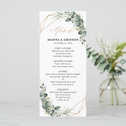 Eucalyptus Greenery Rustic Geometric Wedding Menu (Staand voorkant)