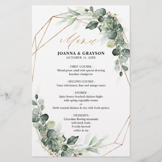 Eucalyptus Greenery Rustic Geometric Wedding Menu (Voorkant)