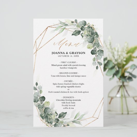 Eucalyptus Greenery Rustic Geometric Wedding Menu (Staand voorkant)