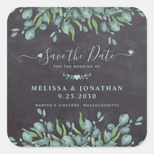 Eucalyptus Greenery Rustic Wedding Save the Date Vierkante Sticker (Voorkant)