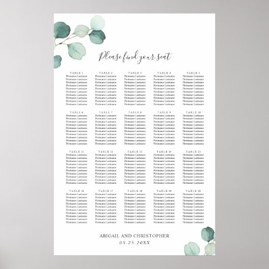 Eucalyptus Greenery Rustic Wedding Seding Chart Poster (Voorkant)