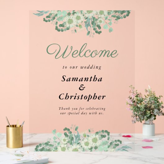 Eucalyptus Greenery Sage Green Weddenschap Welkom Acryl Bord (Huwelijk)