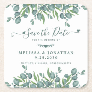 Eucalyptus Greenery Sage Wedding Save the Date Vierkante Kartonnen Onderzetter