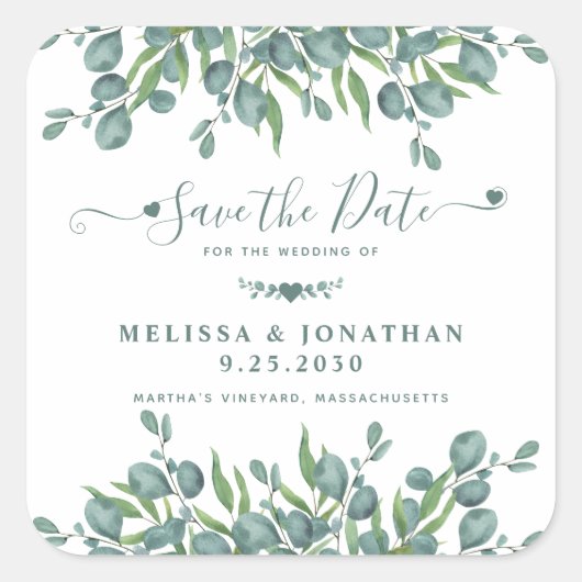 Eucalyptus Greenery Sage Wedding Save the Date Vierkante Sticker (Voorkant)
