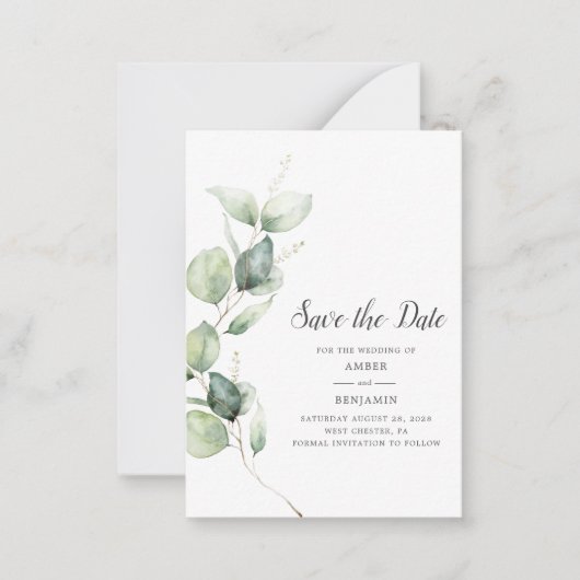 Eucalyptus Greenery Script Weddenschap opslaan Dat Notitiekaartje (Voorkant)