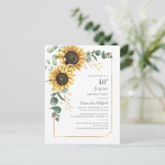 Eucalyptus Greenery Sunflower 40th Birthday Party Uitnodiging Briefkaart (Staand voorkant)