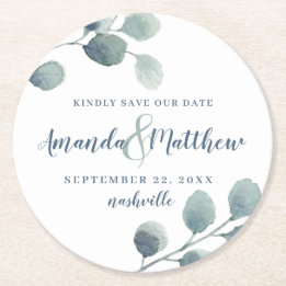 Eucalyptus Greenery Waterverf Foliage Dusty Blue Ronde Kartonnen Onderzetter