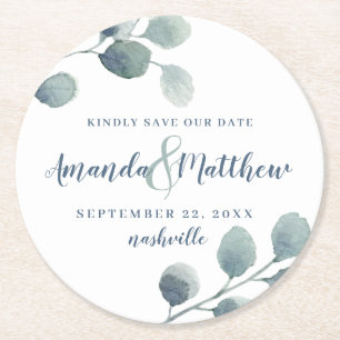 Eucalyptus Greenery Waterverf Foliage Dusty Blue Ronde Kartonnen Onderzetter