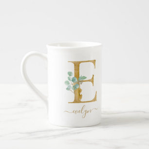 Eucalyptus Greenery Waterverf Gold Monogram E Porselein Kop