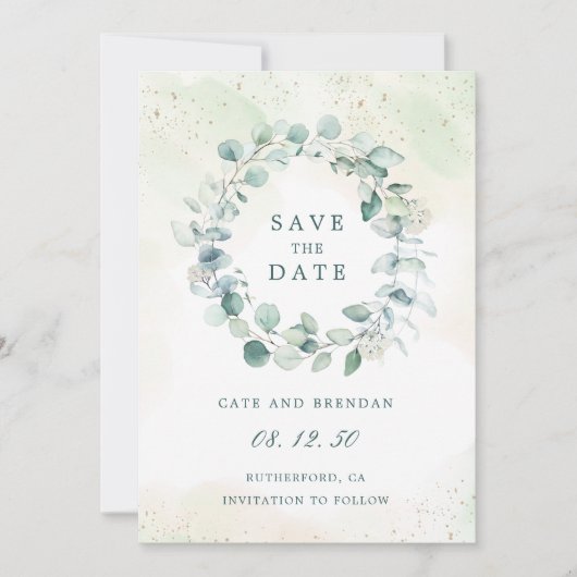 Eucalyptus Greenery Waterverf Wreath Wedding Save The Date (Voorkant)