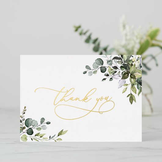 Eucalyptus Greenery Weddenschap Hartelijk dank Folie Uitnodiging (Staand Voorkant)