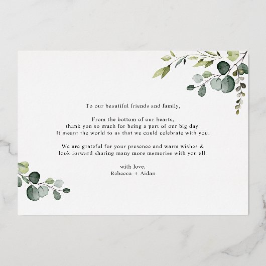 Eucalyptus Greenery Weddenschap Hartelijk dank Folie Uitnodiging (Achterkant)