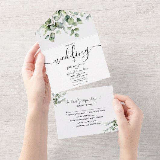 Eucalyptus Greenery Wedding All In One Uitnodiging (Afscheurbaar)