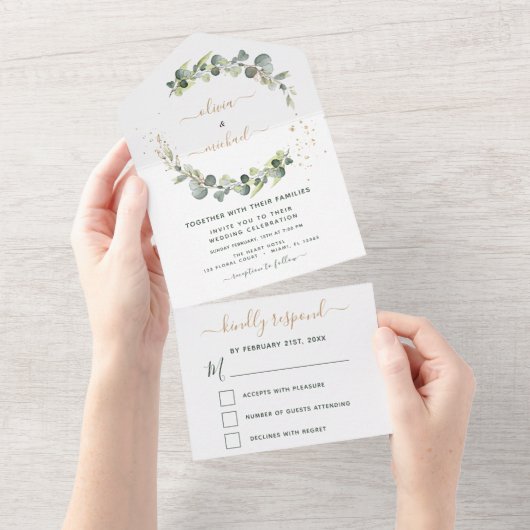 Eucalyptus Greenery Wedding Elegant Modern All In One Uitnodiging (Afscheurbaar)