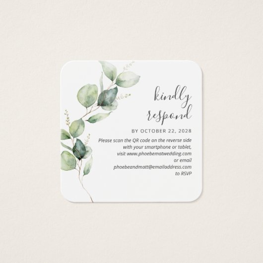 Eucalyptus Greenery Wedding Website QR Code RSVP Vierkante Visitekaartjes (Voorkant)
