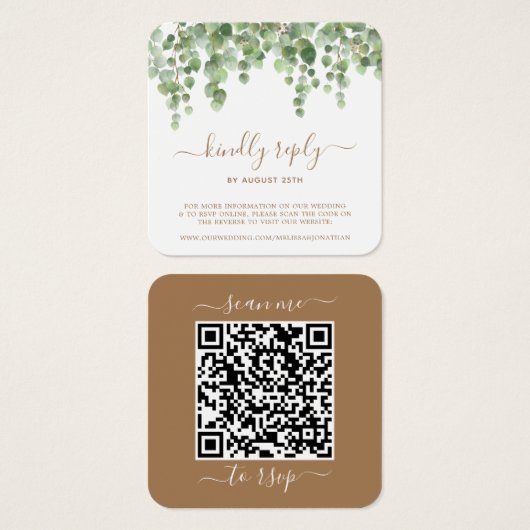 Eucalyptus Greenery Wedding Website QR Code RSVP Vierkante Visitekaartjes (Voorkant /achterkant)