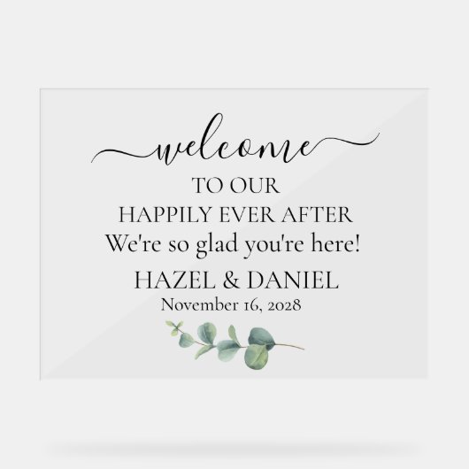 Eucalyptus Greenery Wedding Welkom Acryl Bord (Voorkant)
