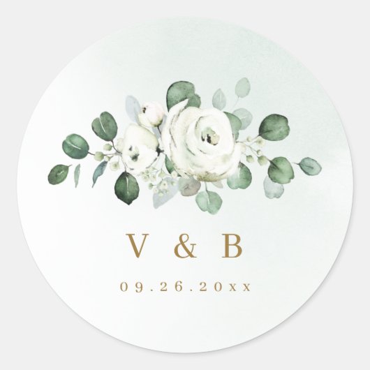 Eucalyptus Greenery white floral monogram Ronde Sticker (Voorkant)