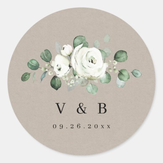 Eucalyptus Greenery white floral monogram Ronde Sticker (Voorkant)