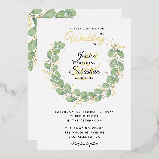 Eucalyptus Greenery Wreath Gold White Wedding Folie Uitnodiging (Voorkant / Achterkant)