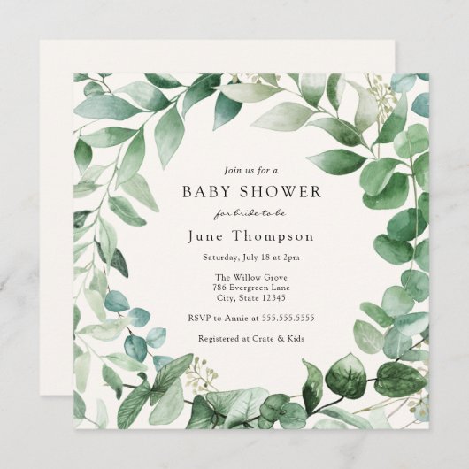 Eucalyptus Greenery Wreator Baby shower Invitation Kaart (Voorkant / Achterkant)