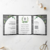 Eucalyptus Grijs Hout Cross Katholieke bruiloft Drieluik Uitnodiging (Binnen)