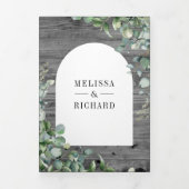 Eucalyptus Grijs Hout Cross Katholieke bruiloft Drieluik Uitnodiging (Cover)