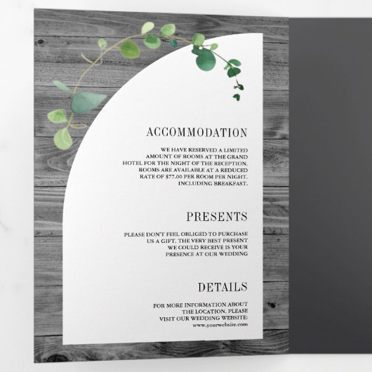 Eucalyptus Grijs Hout Cross Katholieke bruiloft Drieluik Uitnodiging (Binnenzijde eerst)