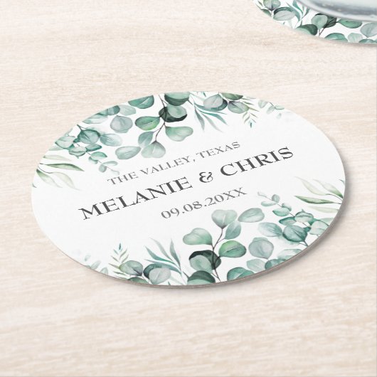 Eucalyptus groen aangepaste boho rustieke bruiloft ronde kartonnen onderzetter (Gebogen)