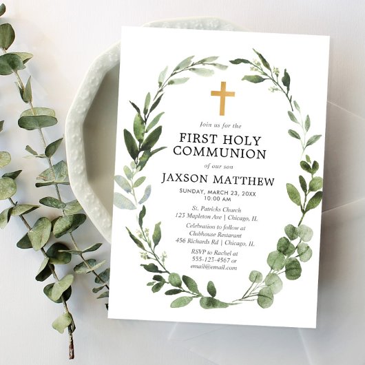 Eucalyptus groen blad eenvoudige eerste communie kaart