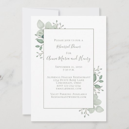 Eucalyptus groen blad Rehearsal Dinner Kaart (Voorkant)