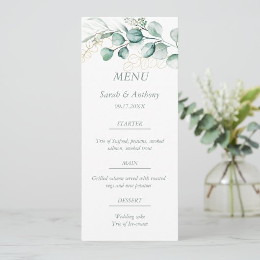 Eucalyptus groen blad rustieke bruiloft voedsel menu (Staand voorkant)