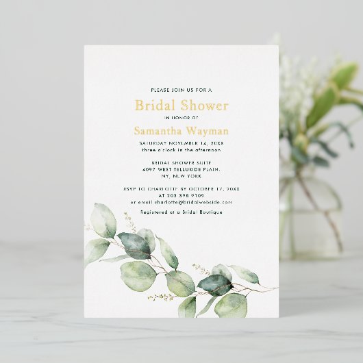 Eucalyptus groen bladeren Vrijgezellenfeest goud Folie Uitnodiging (Staand Voorkant)