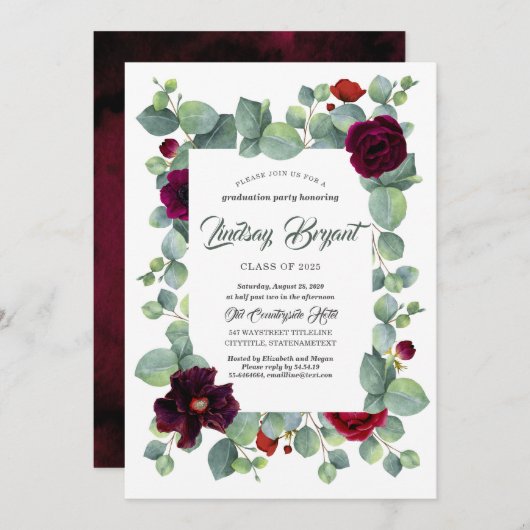 Eucalyptus groen Bourgondisch bloemig Afstuderen Kaart (Voorkant / Achterkant)