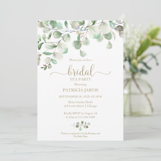 Eucalyptus groen bruids thee party uitnodiging (Staand voorkant)
