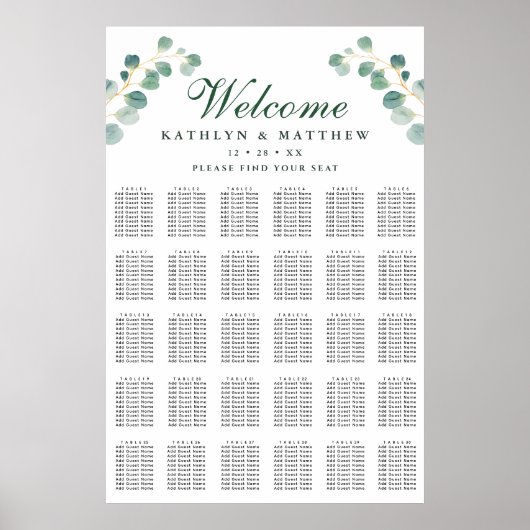 Eucalyptus groen bruiloft 30 tafel zitplaatsen poster (Voorkant)