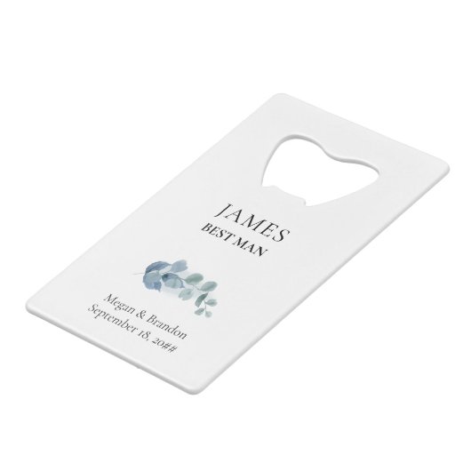 Eucalyptus groen bruiloft kredietkaart flessenopener (Voorkant Gekanteld)