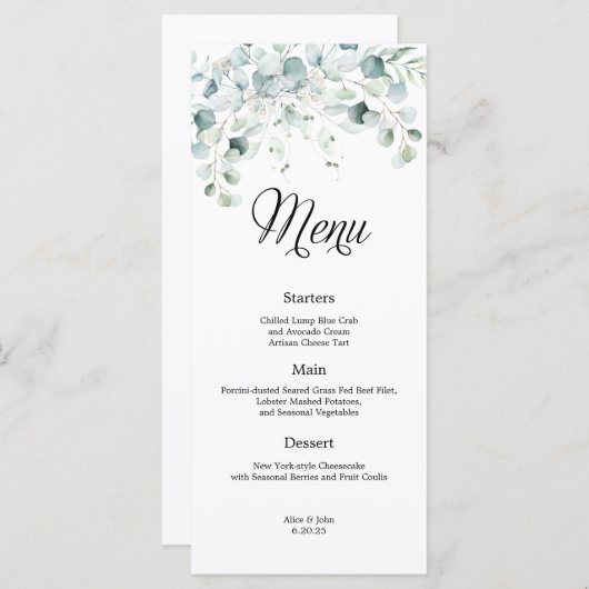 Eucalyptus groen bruiloft menu (Voorkant / Achterkant)
