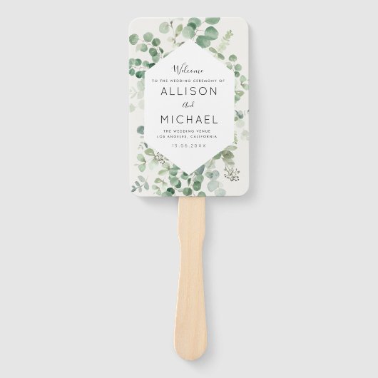 Eucalyptus groen bruiloft programma hand fan handwaaier (Voorkant)
