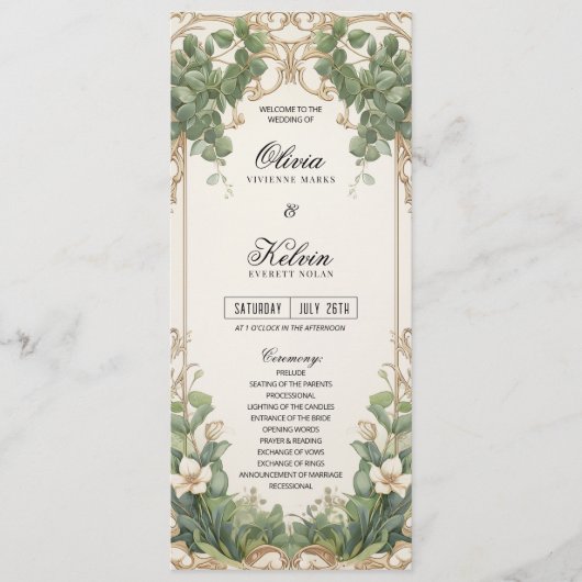 Eucalyptus groen en gouden bruiloft programma (Voorkant)