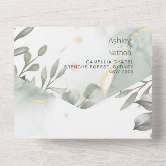 Eucalyptus groen & goud aquarel Bruiloft All In One Uitnodiging (Achterkant)