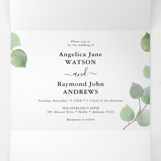 Eucalyptus groen & goud klassieke bruiloft drieluik uitnodiging (Binnenkant midden)