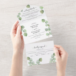Eucalyptus groen & goud klassieke trouwdag all in one uitnodiging