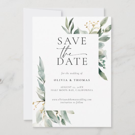 Eucalyptus groen goud moderne elegante bruiloft save the date (Voorkant)