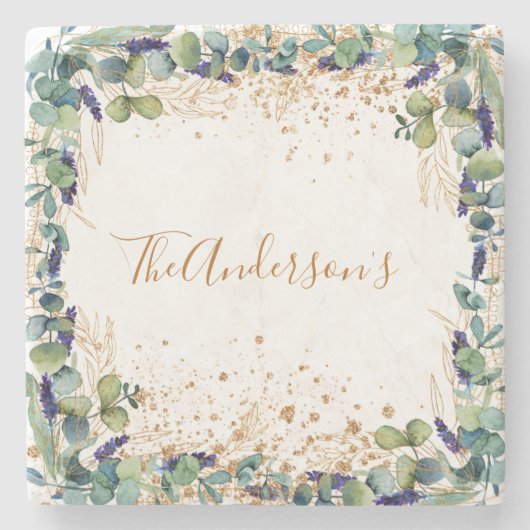 Eucalyptus groen gouden glitters familienaam stenen onderzetter (Voorkant)